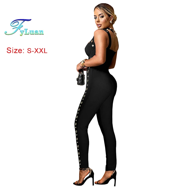 Modische Damenkleidung Sexy Träger-Jumpsuit mit Metallring-Dekoration Einfarbig Ärmellos Figurbetont Einteiler-Hose