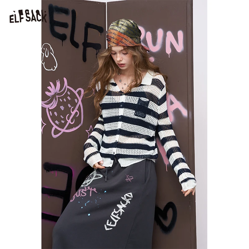 

ELFSACK 2025, осеннее новое поступление Y2K, крутой лоскутный полосатый трикотаж с v-образным вырезом и длинными рукавами для женщин