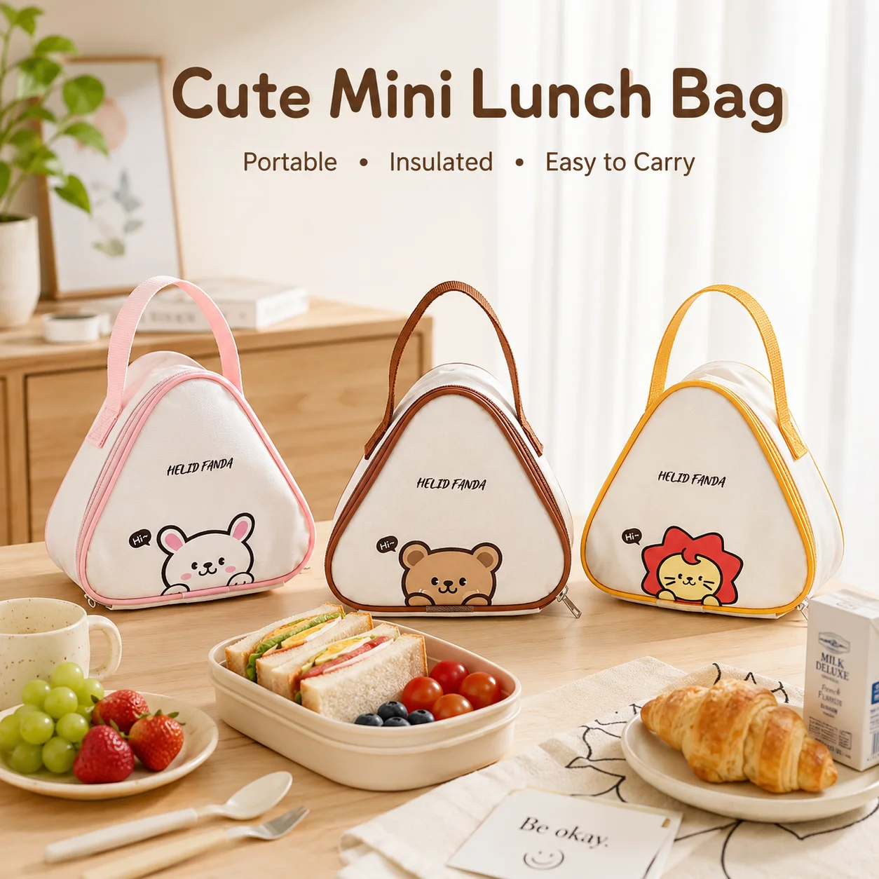Student Daily Mini Handheld Breakfast Bag Bear Family Cartoon Pattern Thickened Thermal Insulated Lunch Tote Bag