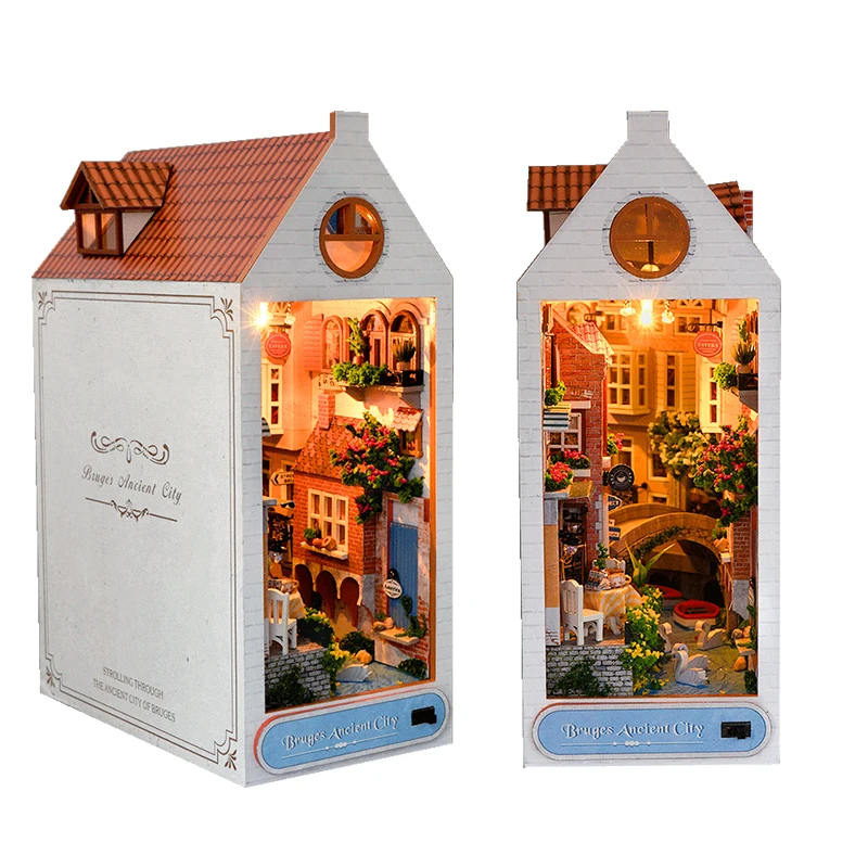 Fai da te Città antica Libro Nook Kit modello in miniatura in legno Fermalibri Casa fatto a mano con libreria leggera Decorazioni per la casa Amici Regali di Natale