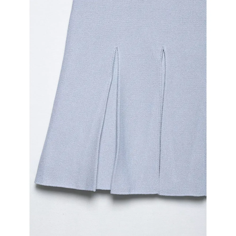 DUOPERI Frauen 2025, Neue Faldas Blau Plissee Gestrickte Mini Rock Hohe Elastische Taille Weibliche Eleganz Chic Dame Casual Röcke