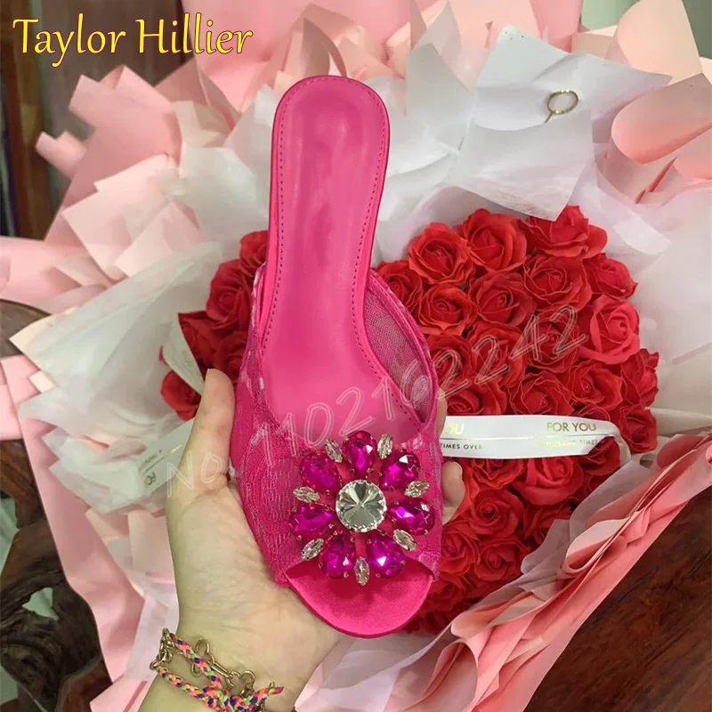 

Women's Crystal Lace Stiletto Slippers Round Toe Shallow Mouth Open Toe Slippers Summer Fashion Luxury Bohemian Wedding Slippers