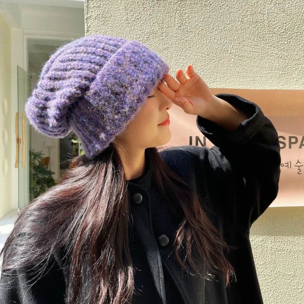 Retro Mixed Color Striped Beanie Hat Keep Warm Thickeneded Knitted Cap Soft Thermal Warm Hat Daily