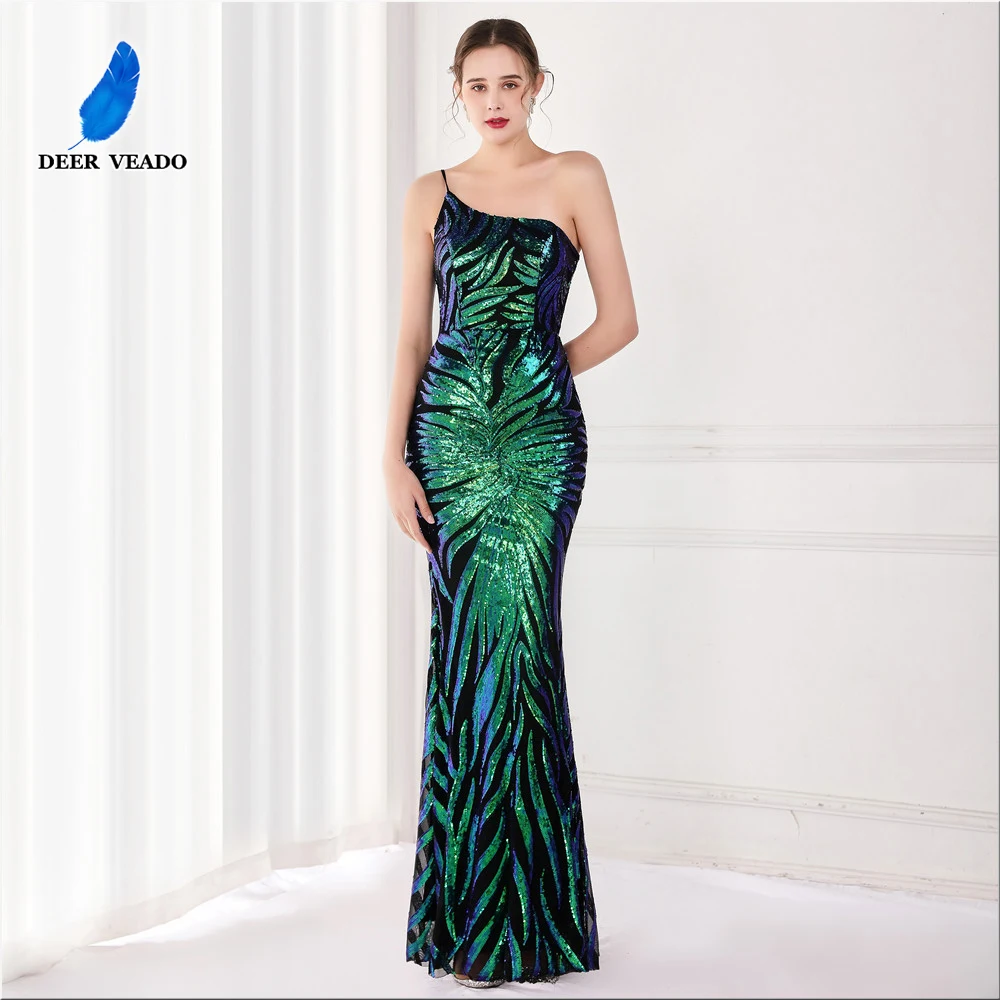 

DEERVEADO One Shoulder Strap Evening Dress for Woman Elegant Mermaid Sequins Special Occasion Party Maxi Dress