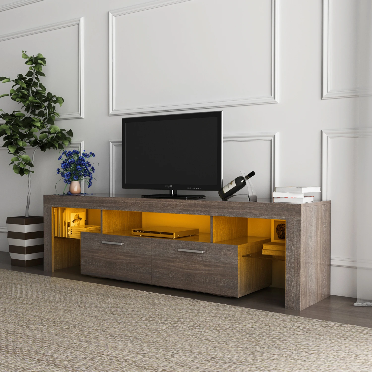 20 minutes quick assembly brown simple modern TV stand with the toughened glass shelf Floor cabinet Floor TV wall cabinet Brown