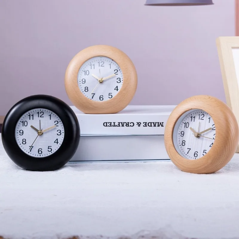 

Creative Round Wooden Alarm Clock Bedroom Quiet European Design Bowl-shaped Decorative Table Clock Student Wake-up Alarm Watch