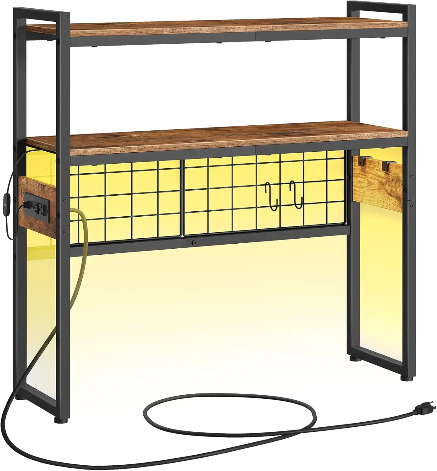 

Desktop Bookcase, 2-Tier Desktop Organizer, 29.9" Wooden Office Storage Rack with Outlets, Display Shelf Rack with Light Strip