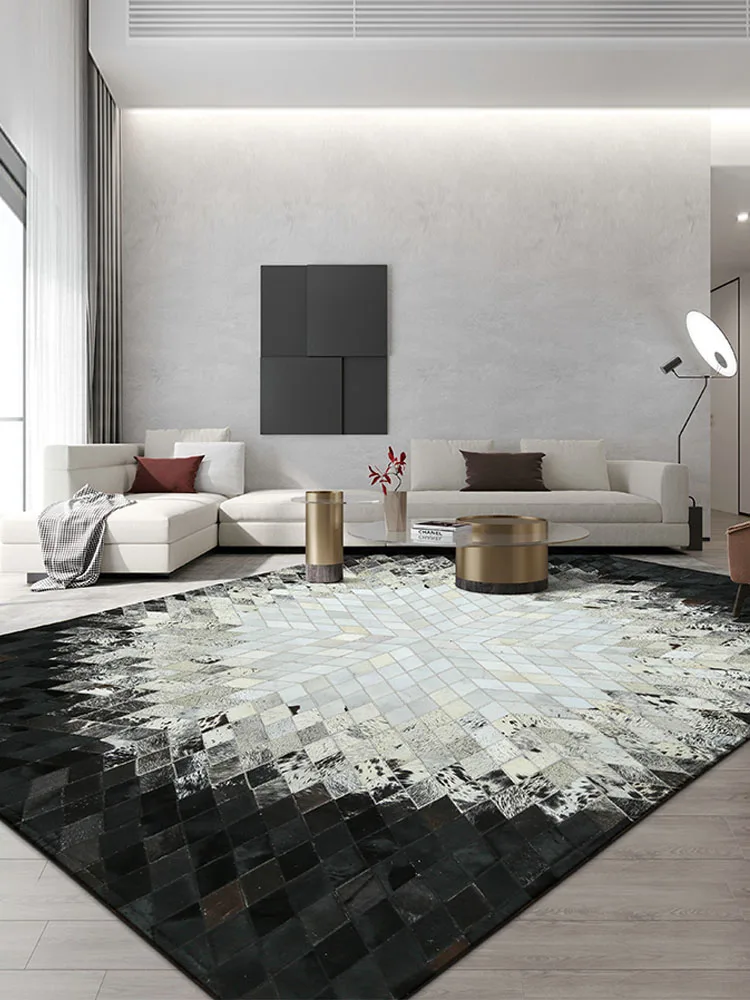 

Black White Cowhide Carpet for Living Room Handmade Real Cow Fur Stitching Area Rug Bedroom Decor Luxury Table Study Floor Mat