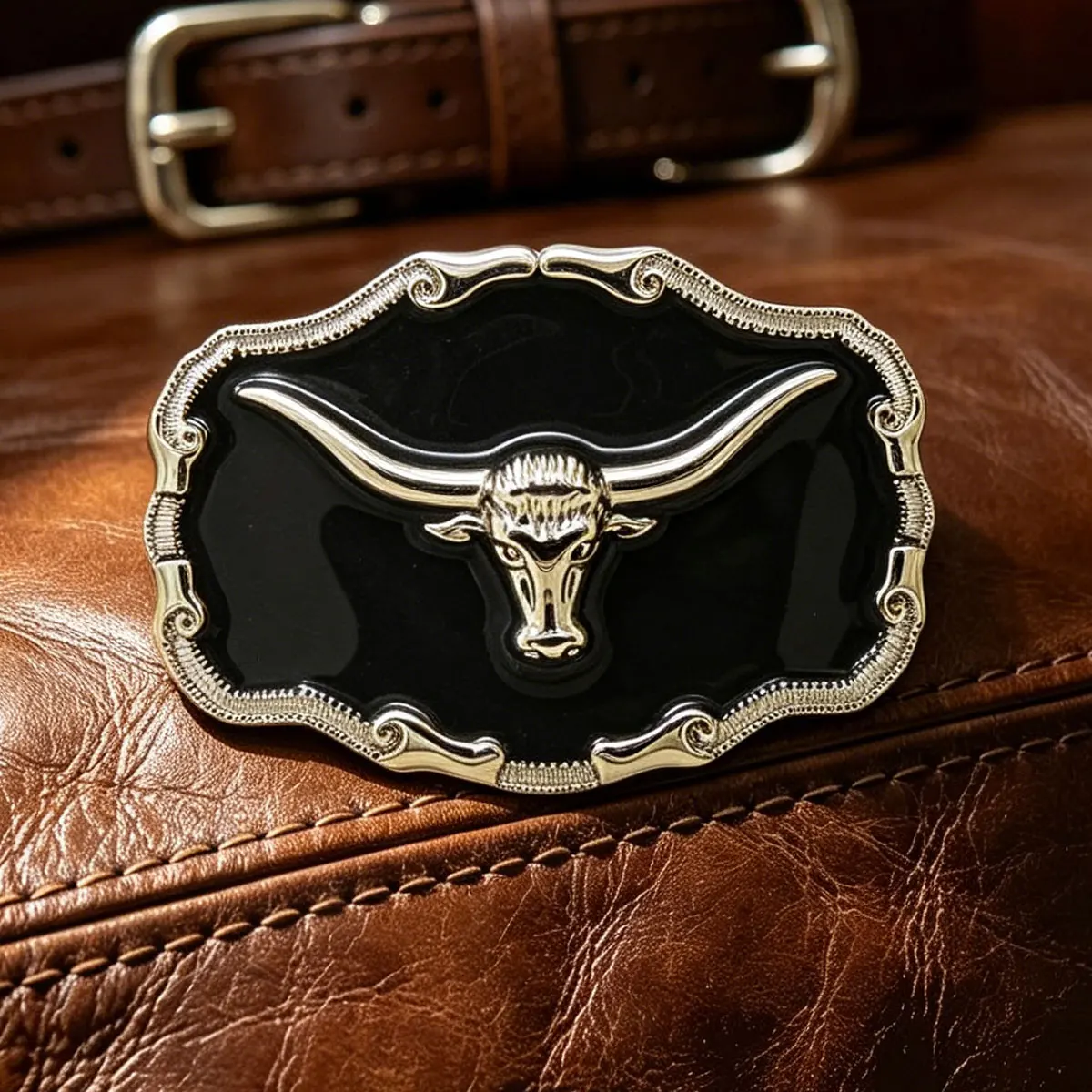 Retro Western Cowboy Longhorn Bull Black Belt Buckle Fashionable Leather Accessory Classic Trend