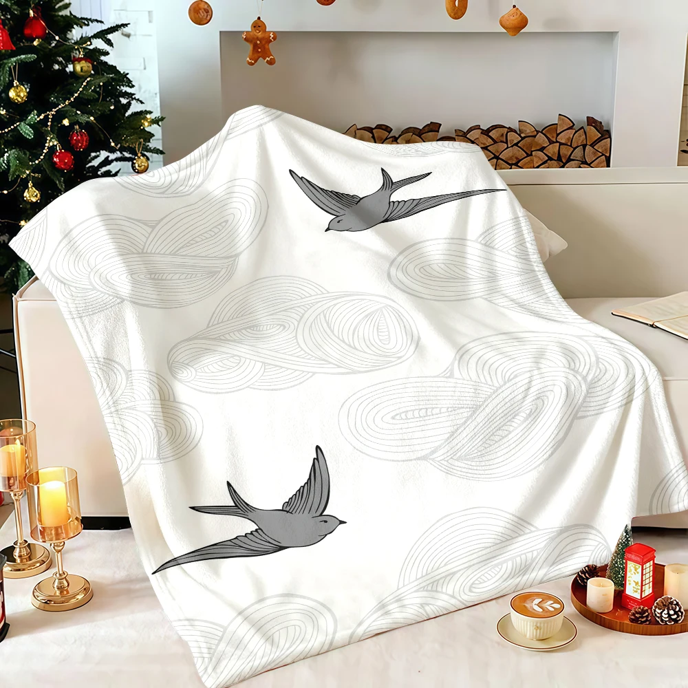 Light Grey Cloud Swallow Line Art Flannel Blanket Soft Fuzzy Plush Cozy Lightweight Throw for Sofa Bed Couch Home Decor