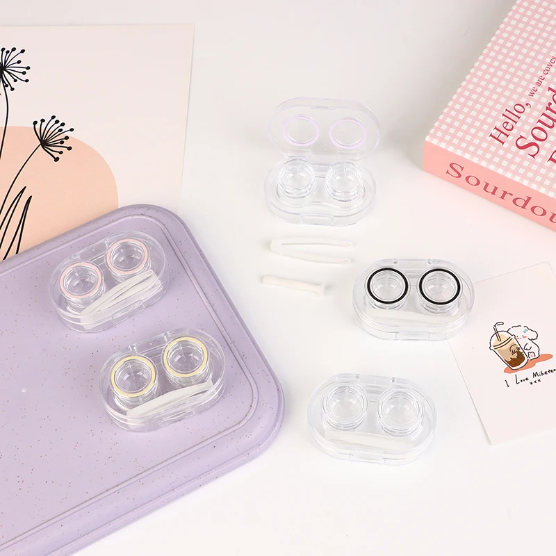 Mini Plastic Contact Lens Cases With Tweezers Remover Tools Oval Transparent Outdoor Portable Eye Contacts Box For Travel Home