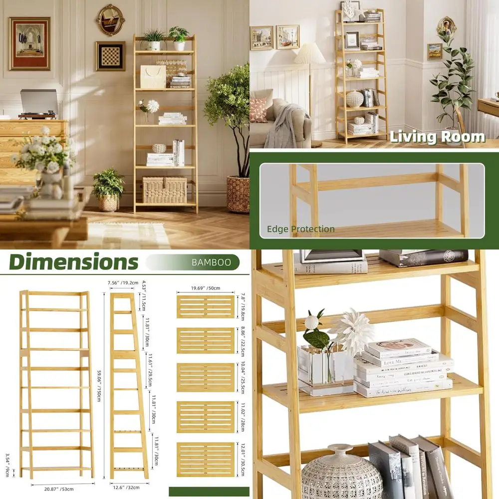

5-Tier Bamboo Bookshelf - Modern Open Storage Rack for Home, Office, and Bathroom