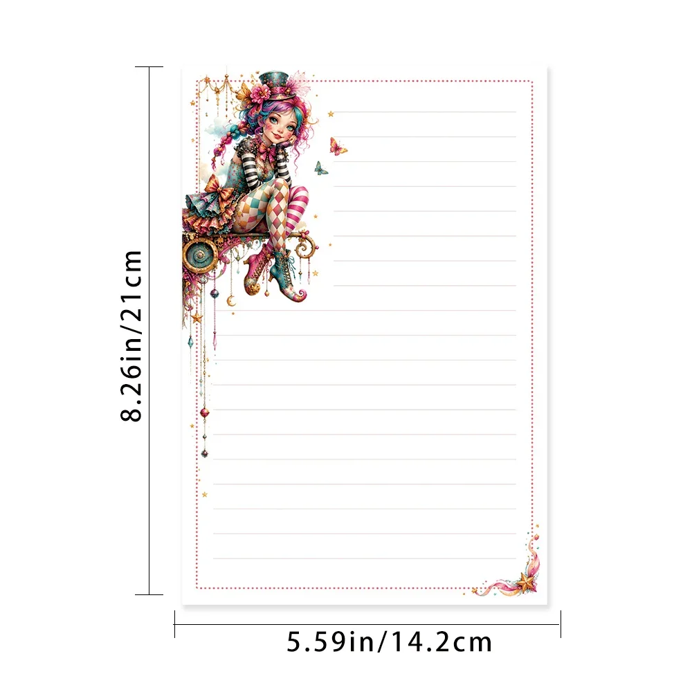50 Sheets, Fantasy Circus Clown Girl-themed Writing Paper, Lined, Glue-free, Perfect For Notebooks, Memos, And Stickers