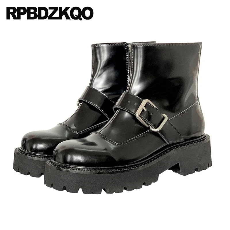 

Cow Skin Belts Shoes Genuine Leather Boots Thick Sole Biker Motorcycle Punk Ankle Women Side Zip Square Toe Chunky Rock Patent