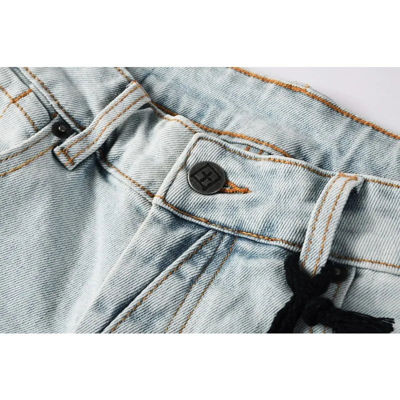 New Y2K Men Jeans Fashion Trends Ksu Distressed Damaged Holes Embroidered Stretch Skinny Button Fly Ripped Jeans Pants