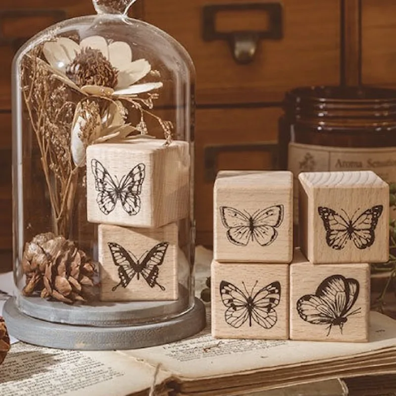 Vintage Holzstempel mit Schmetterling, Biene und Libelle für Junk Journaling, Bastelbedarf, DIY-Stempeln, Hobby, Scrapbooking und Dekoration