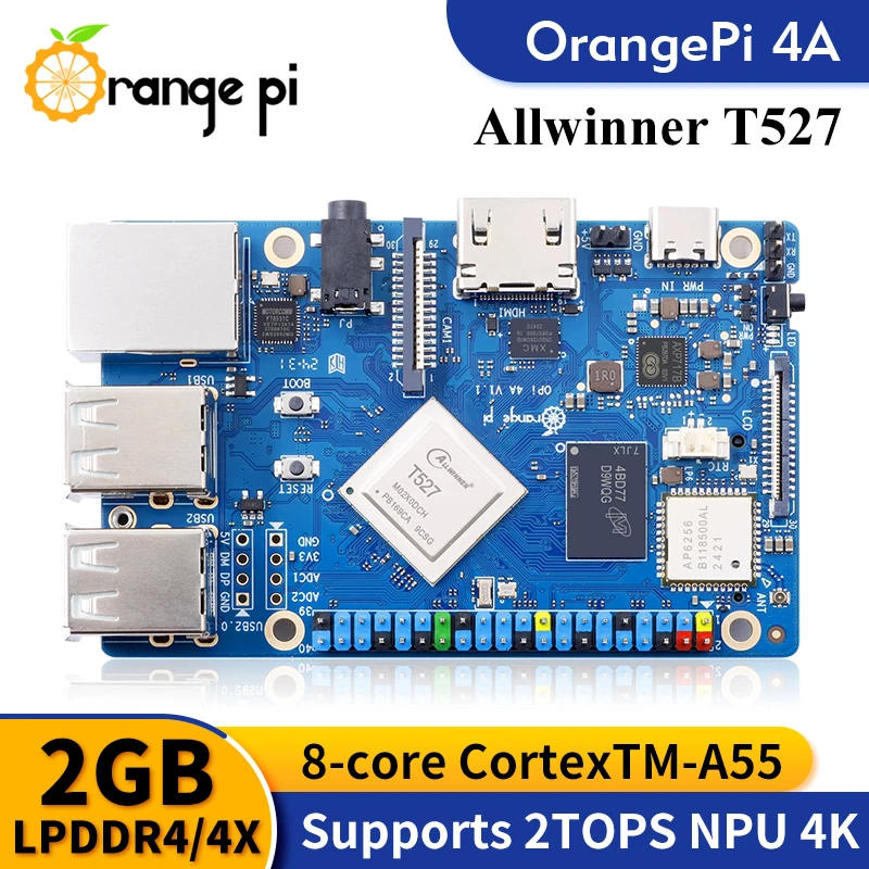 Orange Pi 4A 2GB RAM Allwinner T527 RISC-V Co-processor Mini PC WiFi+BT5.0 BLE M2 NVMe SSD 2TOPS NPU Single Board Computer