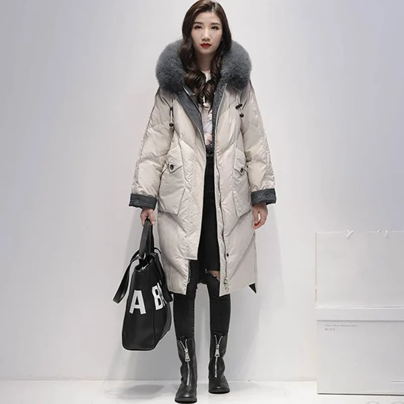 New Women\'s 90% White Duck Down Coat Fox Fur Collar Hooded Parker Overcoat Winter Cold Outerwear Fashion Female Long Down Jacket