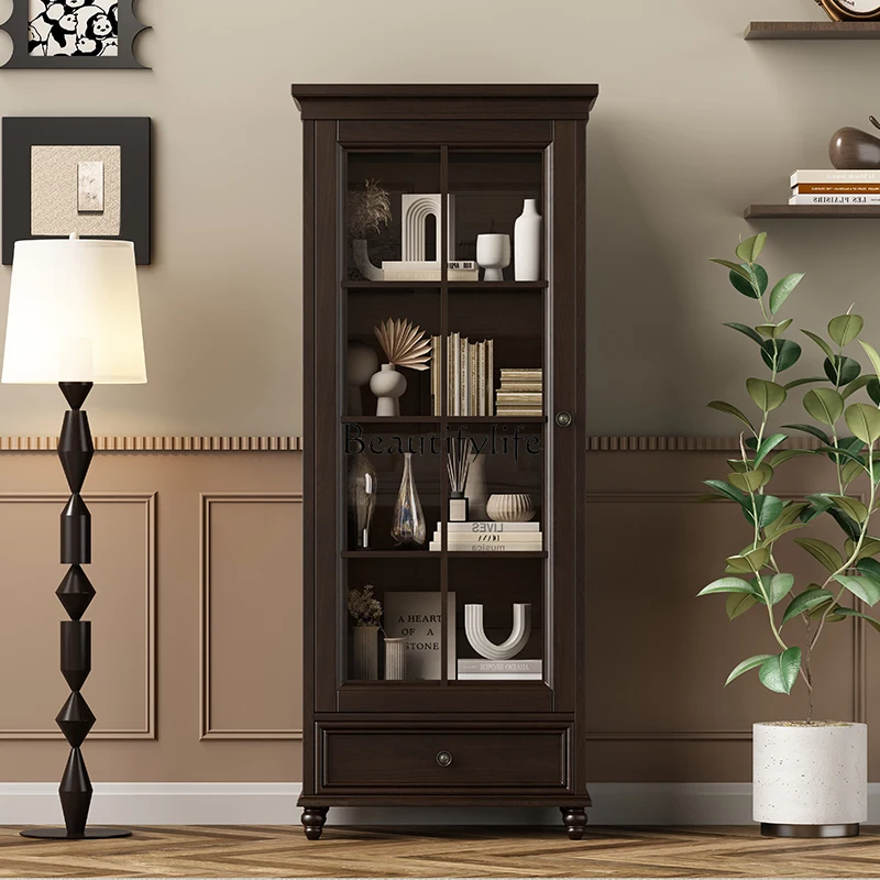 

American all solid wood bookcase, living room single door cabinet bookshelf with glass door