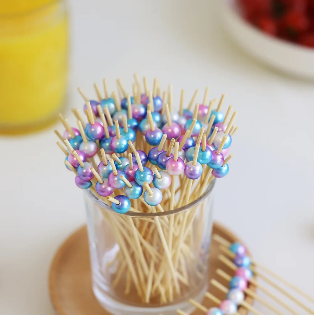 

100pcs Mermaid Colored Gradient Pearl Bamboo Toothpick Disposable Fruit Stick Girls Happy Little Mermaid Birthday Party Decors