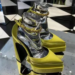Luxury Women High Heel Shoes Platform Sandals Pointed Toe Woman Silk Pumps Sexy Rhinestone Buckle Chunky Heel Wedding Shoes 2026