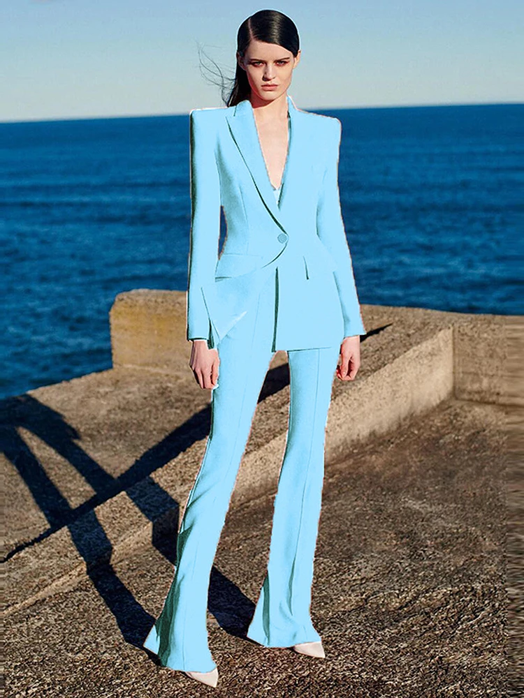 HIGH STREET Newest 2024 Designer Runway Suit Set Women's Single Button Slim Fitting Blazer Flare Pants Suit