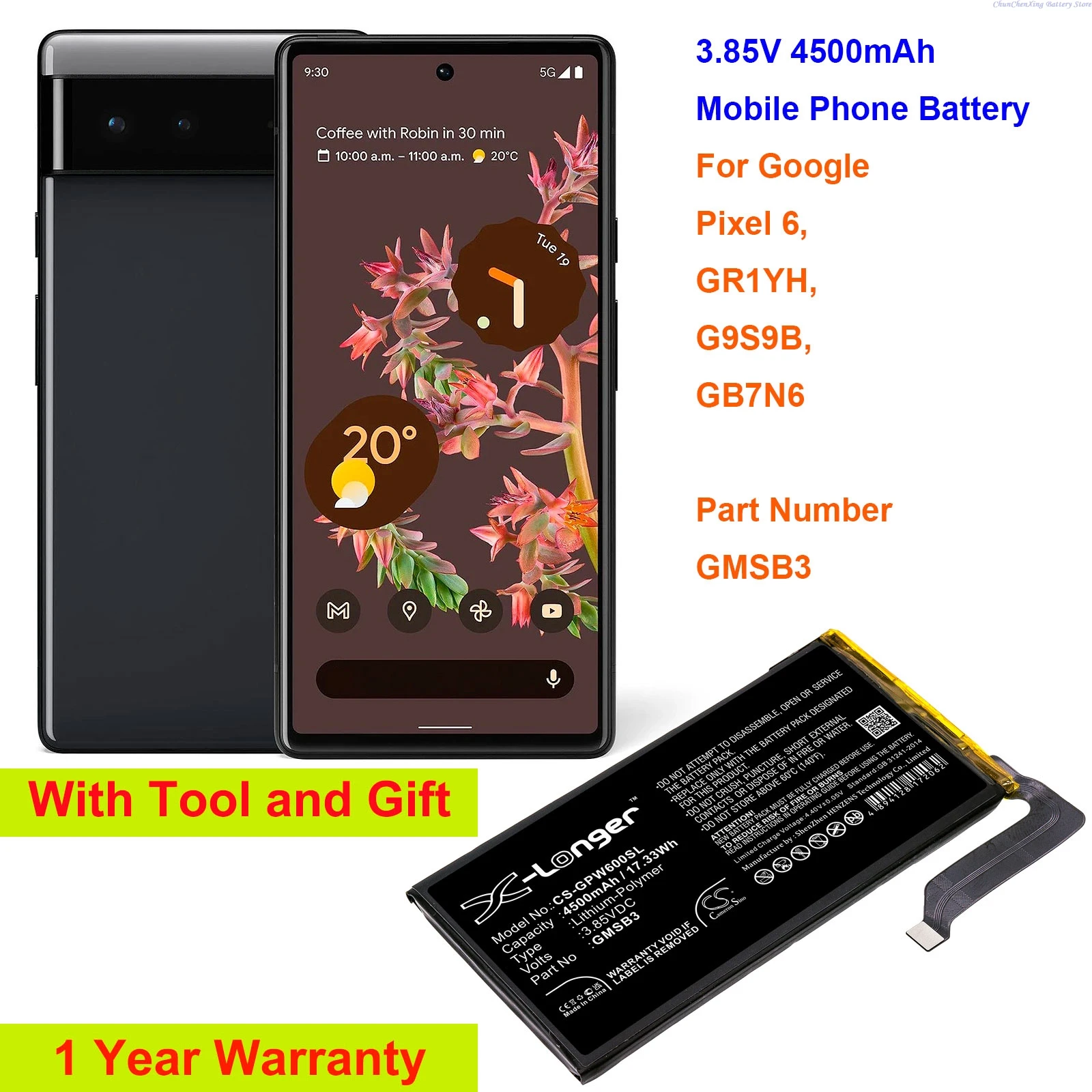 Cameron Sino 3.85V 4500mAh Mobile, SmartPhone Battery GMSB3 for Google Pixel 6, GR1YH, G9S9B, GB7N6 +TOOLS