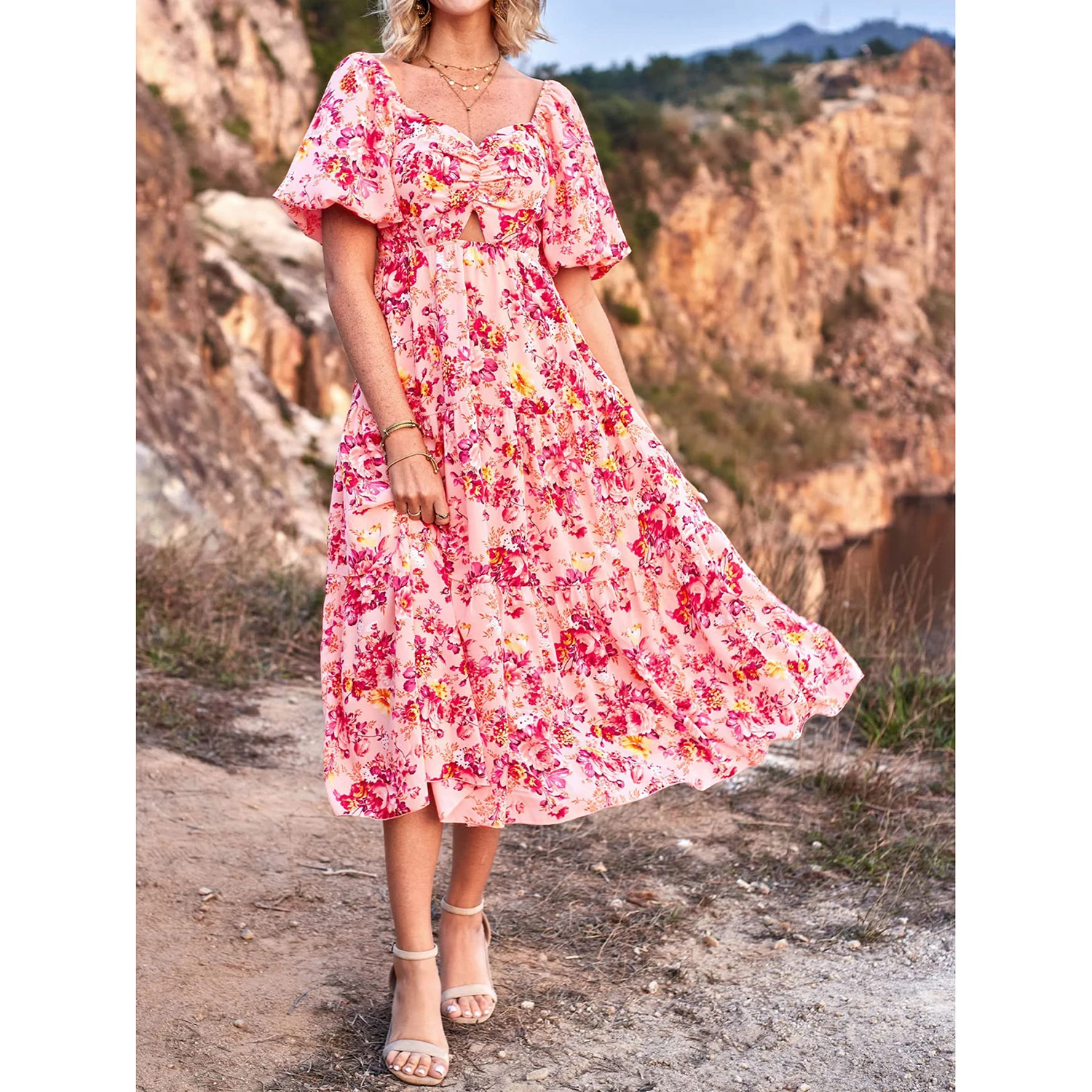 2024 New Arrival Hot Selling Women's Bohemian Floral Patchwork A-Line Big Swing Midi High Waist Dress Ladies Fashion Prom Dress