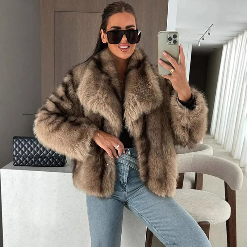 

Tornova Elegant Gradient Faux Fur Coat Women's Furry Lapel Long Sleeve Short Overcoat Winter Warm Fur Jacket Cropped Outerwear