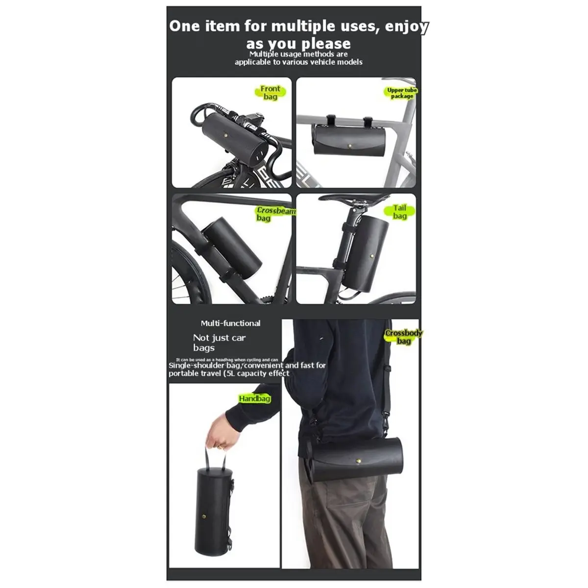giftnew Bike Handlebar Bag 2L Waterproof Bicycle Handlebar Bag Small Bike Front Bike Storage Cylinder Bag with Shoulder Strap