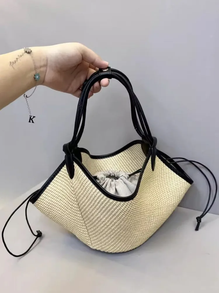 Designer Women Summer Holiday Straw Bag Vintage Summer Bucket Shoulder Bags Cow Leather Spliced Beach Bag Casual Totes Handbag