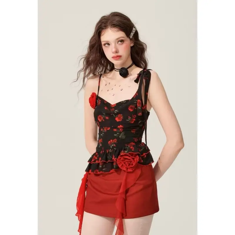 Set 2 Potong Y2K Cetak Antik Gotik Atasan Rasa Desain Wanita + Rok A-line Setelan Retro Seksi Ramping Chic Elegan Prancis Baru Musim Panas