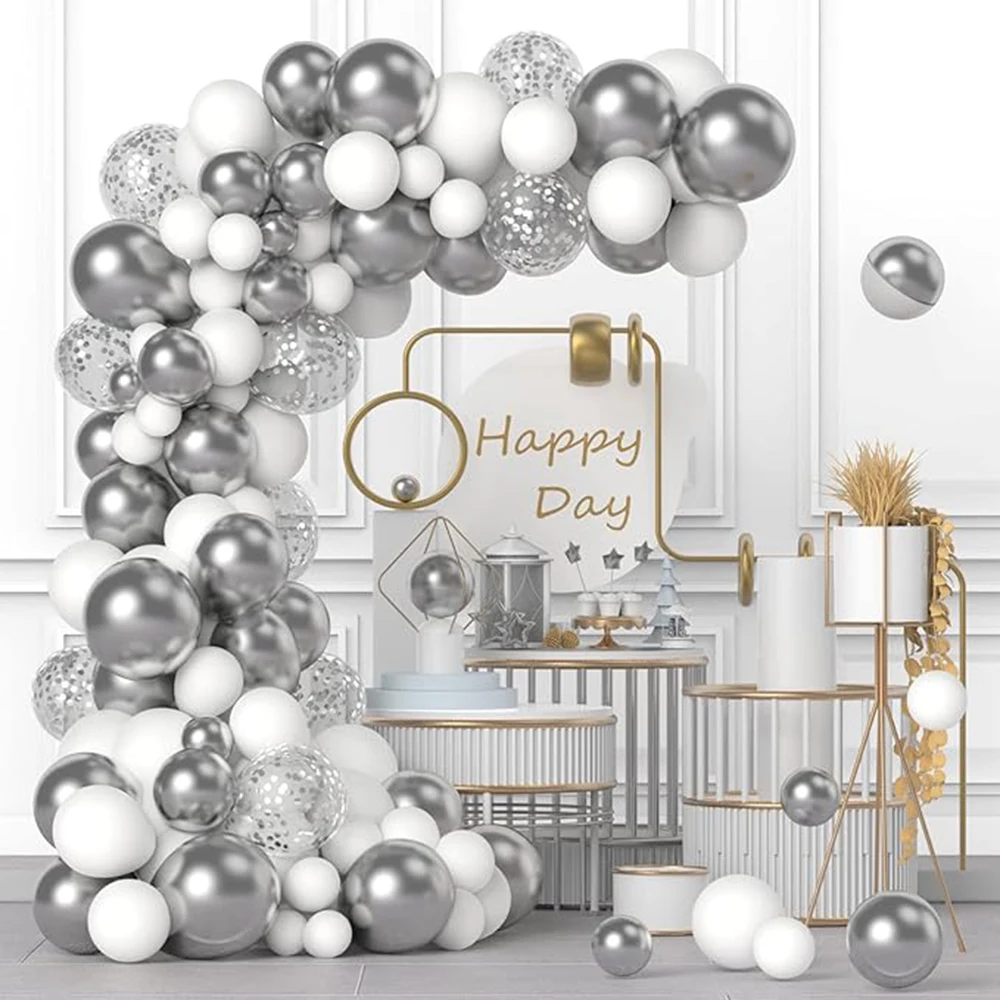 White Balloon Arch Metal Silver Confetti Latex Balloons Garland Kit Wedding Anniversary Bride Shower Birthday Party Decoration