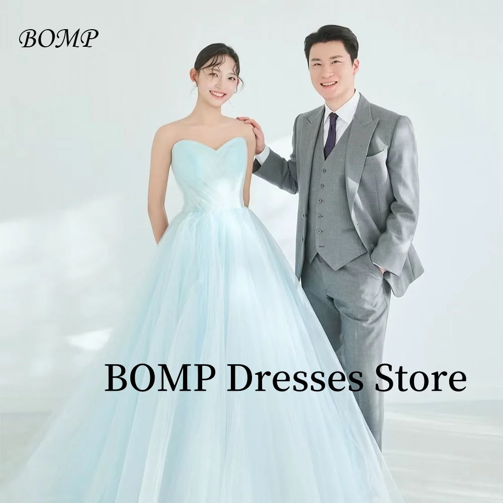 

BOMP Elegant Blue Wedding Dress Strapless Tulle A-Line Evening Party Bridal Gown Korea Photo Shoot Customized Simple