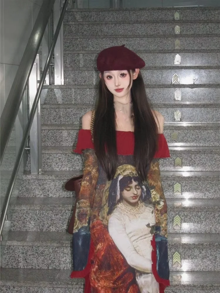 فستان أنيق عتيق مطبوع باللون الأحمر للنساء فساتين صيفية كبيرة الحجم بقصة ضيقة جديدة بدون أكتاف وأكمام طويلة من Vestidos Mujer