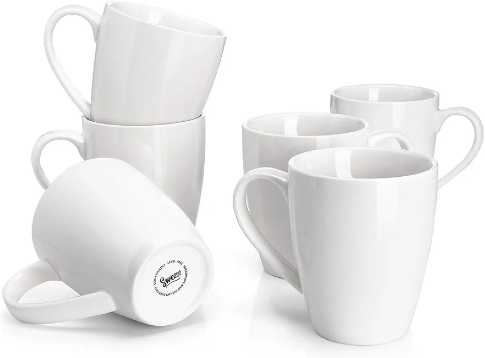 

Set of 6 White Porcelain Coffee Mugs, 16 oz for Latte, Tea, Cappuccino - Durable & Dishwasher Safe