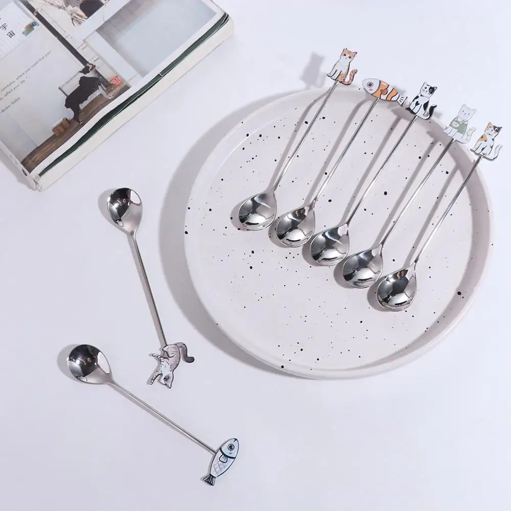 Scoop Polished Cat Fish Stainless Steel Spoon Japanese Korean Style Stirring Spoon Teaspoon Colorful Stirring Spoon Cake