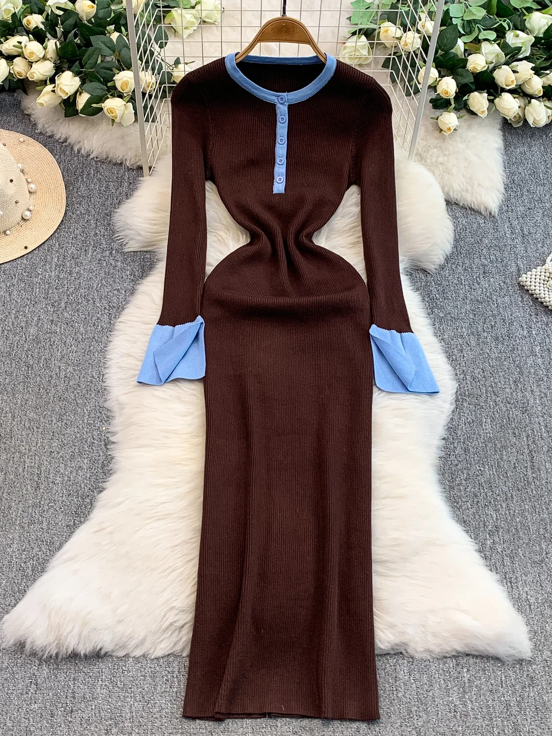 Faionable Color Blo round Ne Bell Sve Knitted Dr Women's Tight Slim Fit Long Skirt High Waist Commute Sle Autumn