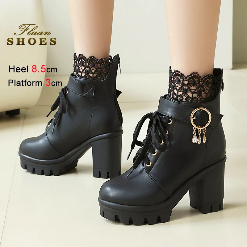 

8.5CM Chunky Heel Black Lace Ankle Boots For Women's Back Zipper Gothic Platform High Heels Autumn Winter Short Booties Mujer
