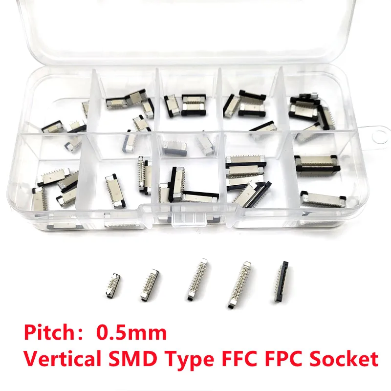 

50Pcs/lot 0.5mm 4/6/8/10/12/14/16/20/24/30P Vertical Type FFC FPC Socket 0.5mm Pitch Flexible Flat Cable Connector