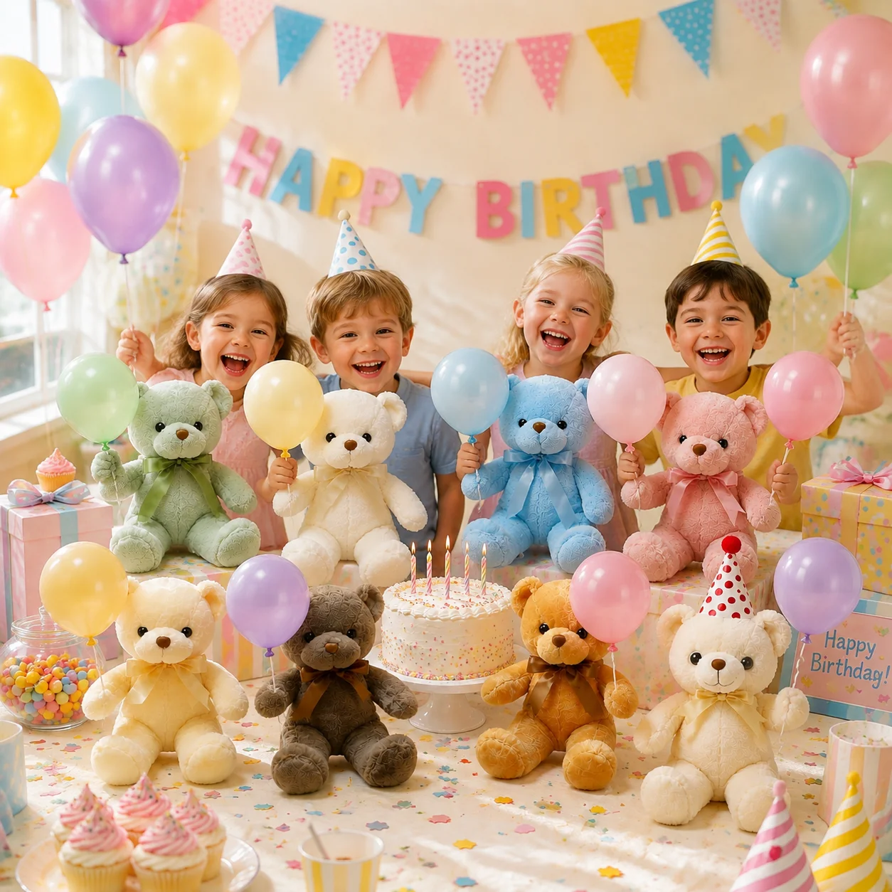 4-8Sets 9.8Inch Teddy Bear Stuffed Animal Mini Party Hats and Pastel Balloon Ribbon for Birthday Party Baby Shower - view 3