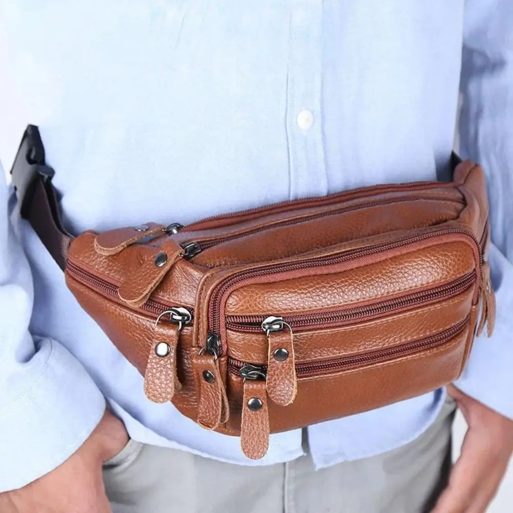 Large Capacity Waterproof PU Leather Men\'s Waist Bag Cowhide Male Zipper Site Workers Travel Phone Bag