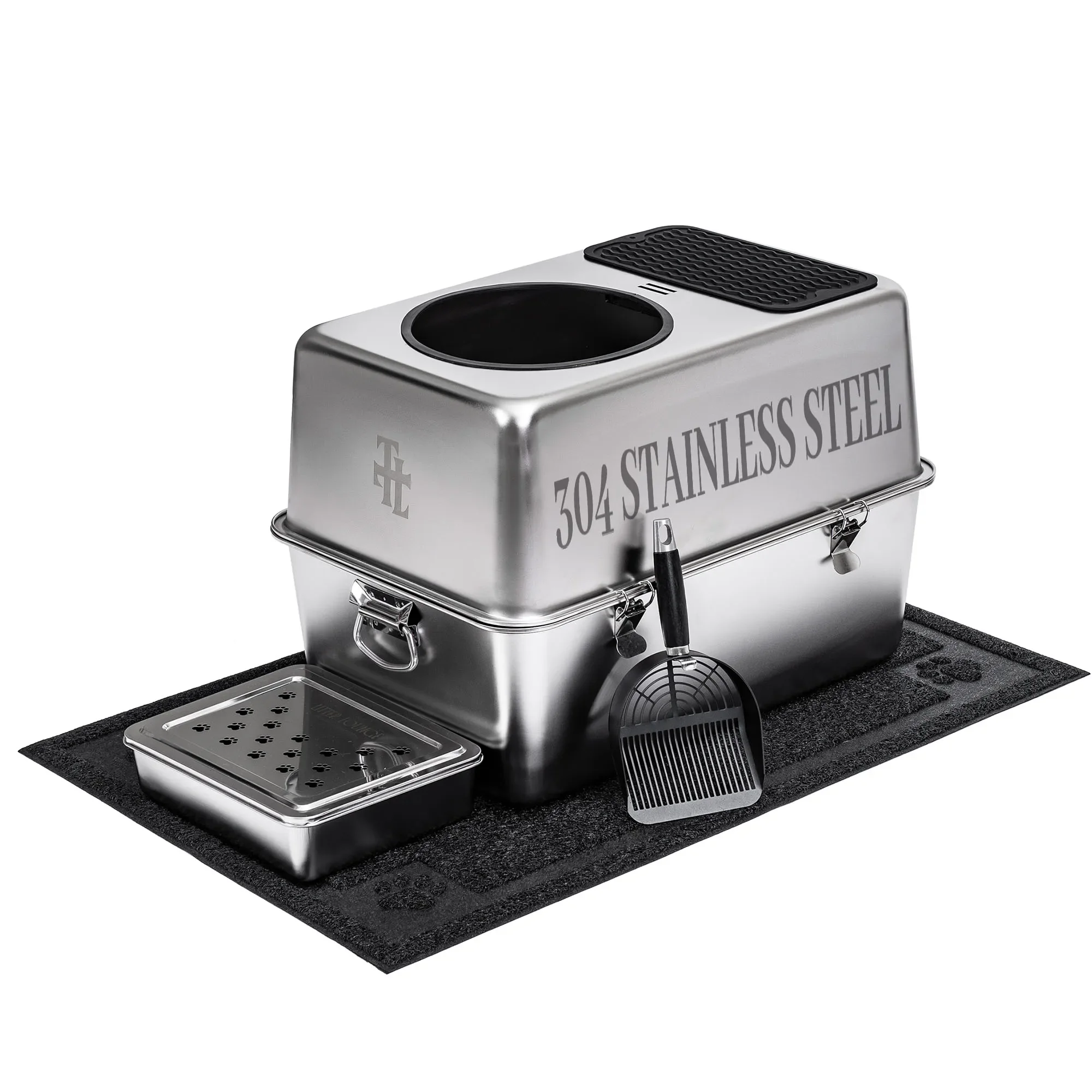 304 Stainless Steel Fully Enclosed Top-Entry Cat Litter Box Anti-Splashing Odor-Controlling Dust-Free Easy-Cleaning