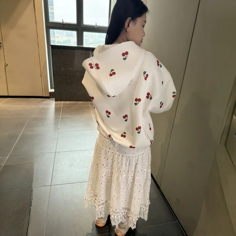 Autumn Cherry Pattern Printed Women Hoodie Sweatshirts Loose Fit Outdoor Sports Jacket Coat Advanced Fabric 24-hour Shipping