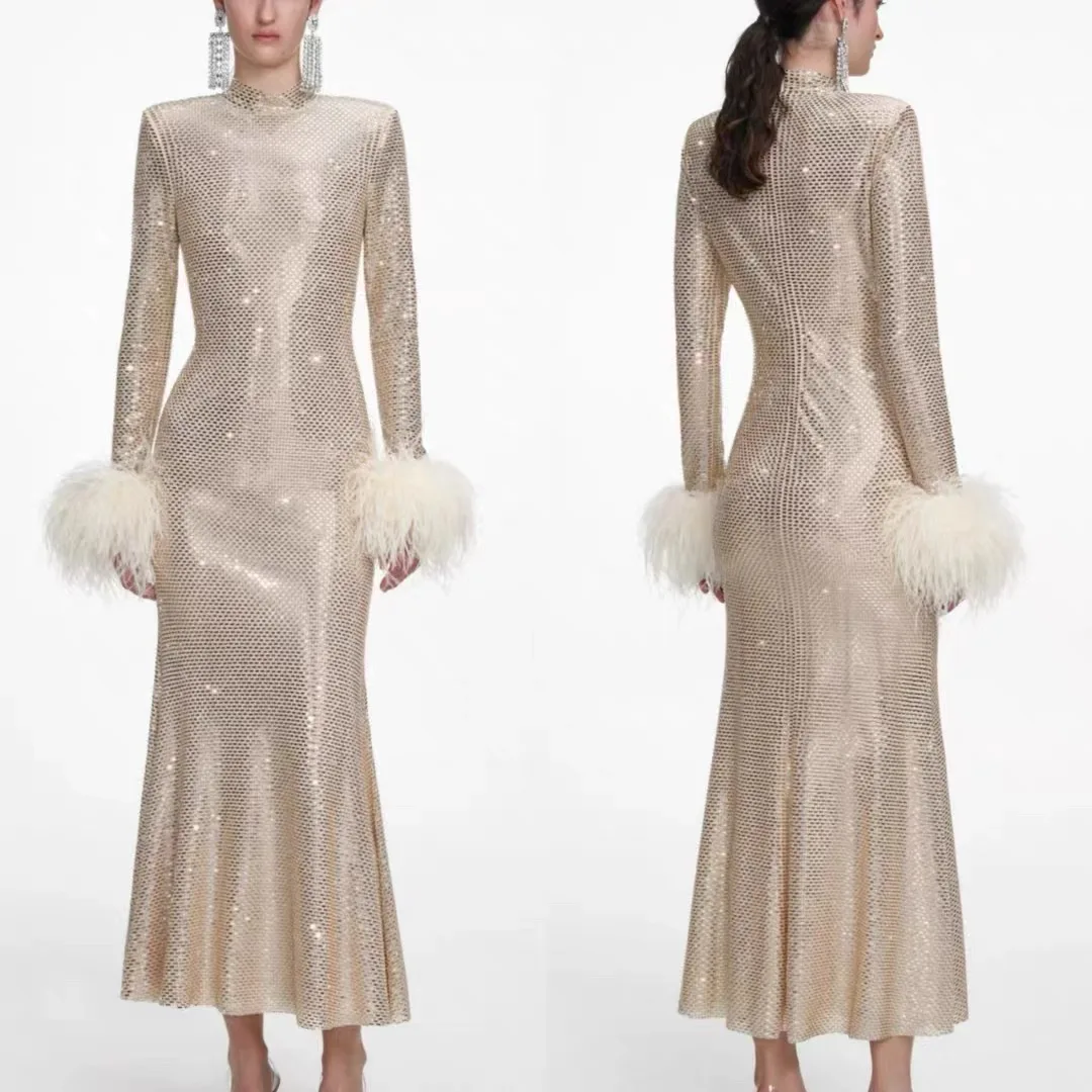 

Женское платье миди со стразами и рукавами из перьев, модное роскошное вечернее платье