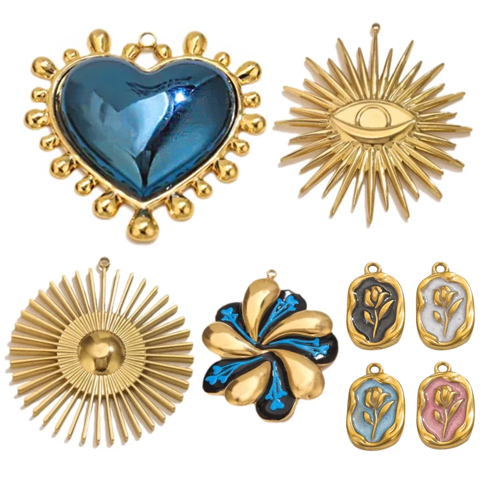 

1-5PCS Enamel Charms Heart Evil Eye Sunburst Floral Pendants 18K Gold Stainless Steel for DIY Necklace Bracelet Jewelry Making