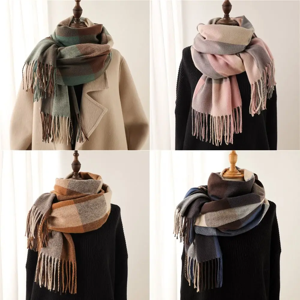 Fashion Winter Warm Tassel Plaid Scarfs Solid Nordic Style Scarves Cashmere Imitation Pashmina for Women