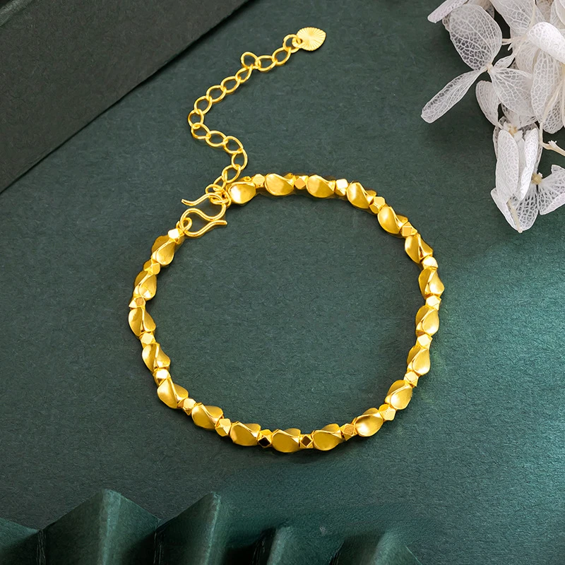 

Natural 18 K Gold Color Sparkling Button Bead Bracelet for Women Soild Gold Color Resizable Bangles Jewelry Luxury Wedding Gifts