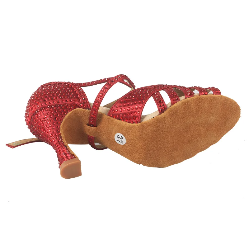 Venus lure Diamante Dance Latin Shoes 9CM Red Rhinestones Customized Heel Suede Soft Sole Woman Dance Heels