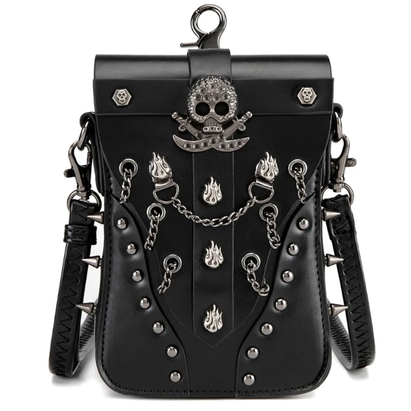 

E8FB Women's Skull Leather Crossbody Bag with Adjustable Shoulder Strap Gothic Satchel Phone Holder Bag for Trendy Women